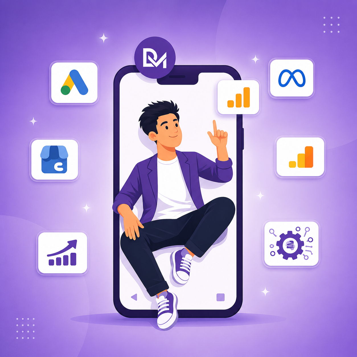 Illustration representing digital marketing channels — Google Ads, Meta, Google Business Profile, Google Analytics and marketing automation — connected to one growth outcome